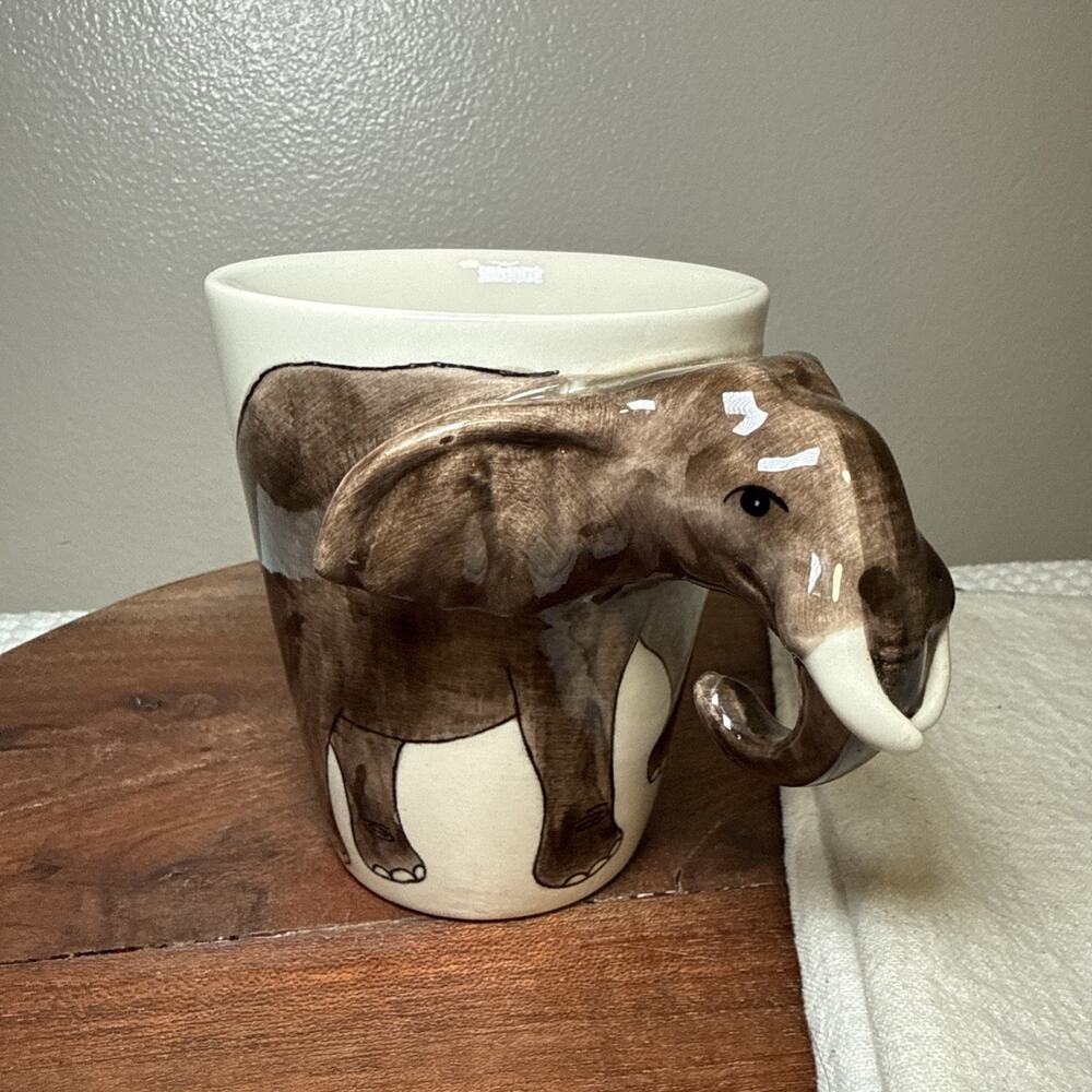 Vtg World Market Elephant Handle Mug Hand Painted Stoneware Thailand Safari Cup